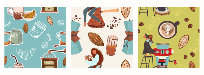 Set of seamless patterns, backgrounds with coffee symbols, accessories, people characters, for restaurant, packaging, menu and interior design, wrapping, menu. Hand drawn vector illustration.