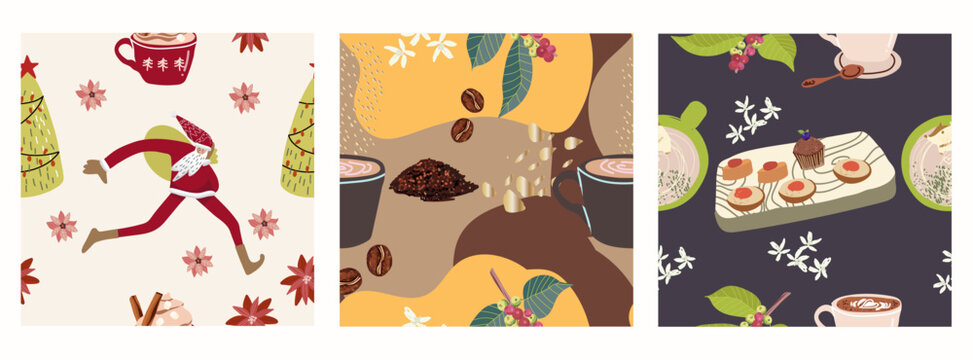 Set of seamless patterns, backgrounds with coffee symbols, accessories, people characters, for restaurant, packaging, menu and interior design, wrapping, menu. Hand drawn vector illustration.