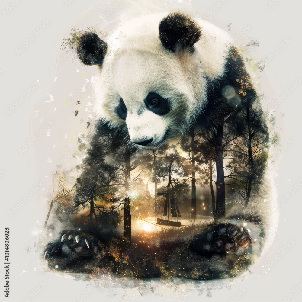 Poster a panda bear is sitting in a forest with trees and a bench. the bear is looking at the camera with a