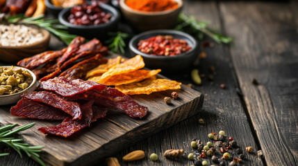 Gourmet Jerky Selection Displayed on a Rustic Wooden Board with Assorted Flavors and Textures Perfect for Snacking