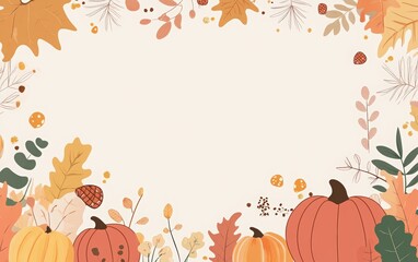 Thanksgiving background with pumpkins and acorns on a light beige background. autumn background with leaves, acorns, and pumpkins for a happy Thanksgiving Day poster design template.