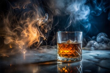 Glass of whiskey with ice and smoke on dark background