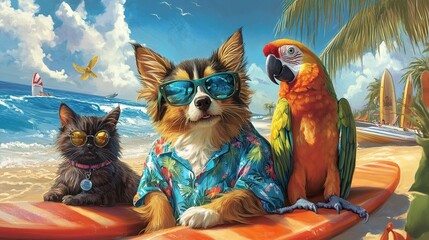 A dog, cat, and parrot wearing Hawaiian shirts and sunglasses, lounging on the beach with surfboards in the background