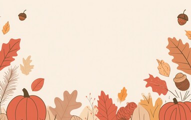 Fototapeta premium Thanksgiving background with pumpkins and acorns on a light beige background. autumn background with leaves, acorns, and pumpkins for a happy Thanksgiving Day poster design template.