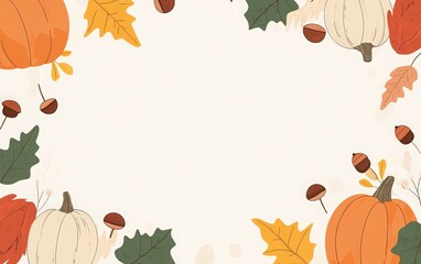 Thanksgiving background with pumpkins and acorns on a light beige background. autumn background with leaves, acorns, and pumpkins for a happy Thanksgiving Day poster design template.