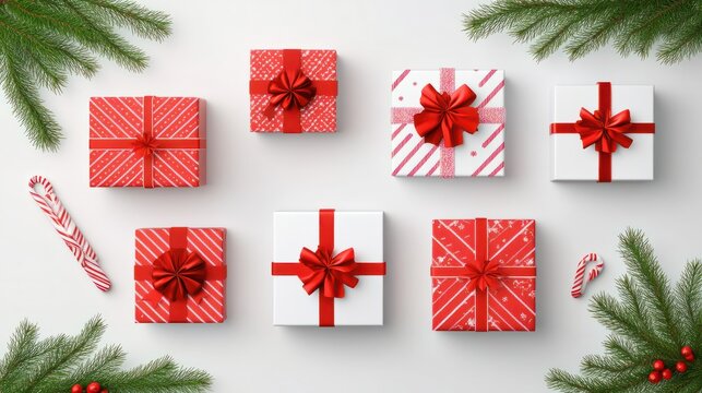 Christmas gift boxes collection with pine tree. View from above.