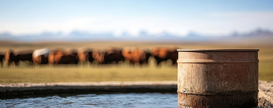 A serene rural scene featuring a water trough with grazing cattle in the background, showcasing the beauty of nature.