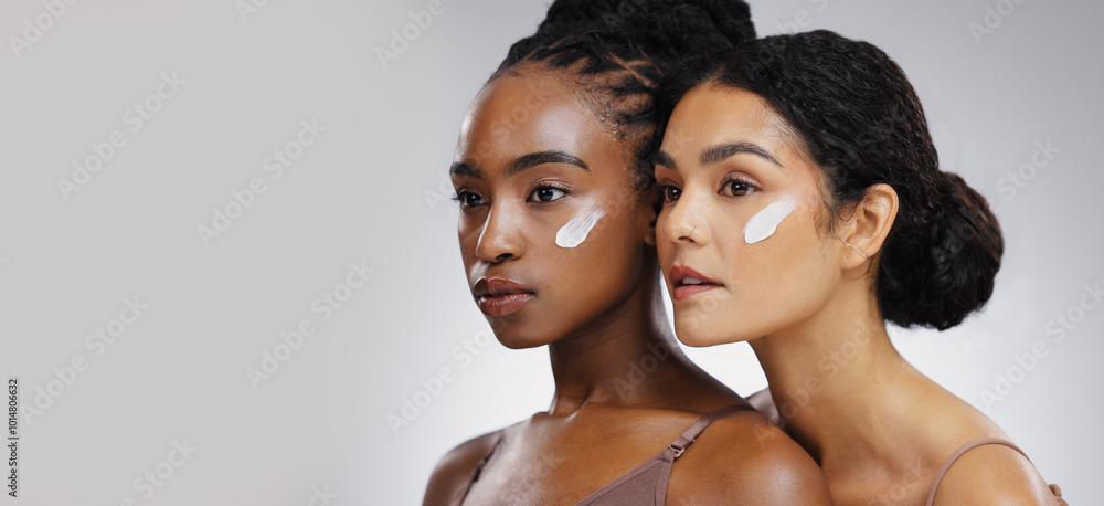 Wall mural Skincare, face cream and women in studio for natural, wellness and facial routine with health glow. Mockup space, beauty and friends with dermatology for brightening and hydration by white background