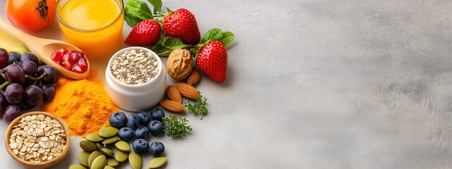 Vibrant Breakfast Spread Featuring Vitamins and Minerals for a Healthy Lifestyle with Fresh Fruits, Nuts, and Yogurt on a Rustic Wooden Table