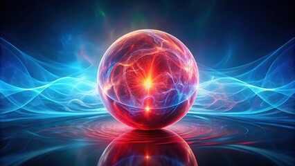Abstract round red sphere with magical energy waves and luminous blue nuclei flying by in a gradient , Abstract, round, red