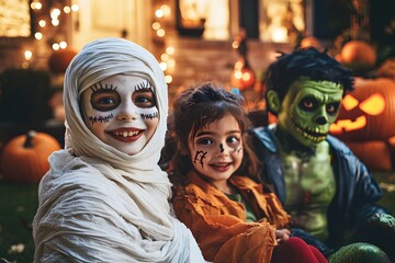Obraz premium Children in scary Halloween costumes. One child wore a wolf costume with fur, while another wore a black cloak as a vampire. A small child dressed as a zombie, complete with scary makeup. 