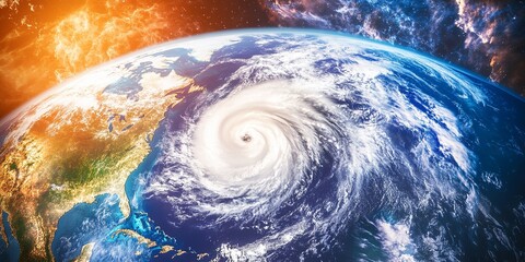 Fototapeta premium An ultra-realistic view of Earth from space, showcasing a massive swirling hurricane over the ocean