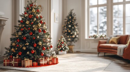 A cozy living room features a beautifully decorated Christmas tree with red and gold ornaments, surrounded by wrapped gifts and holiday decorations.