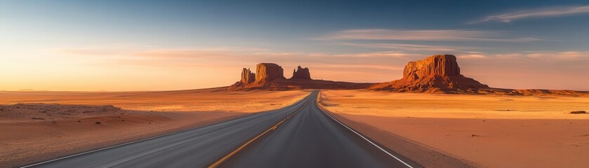 A wideangle shot of a desert highway at sunrise
