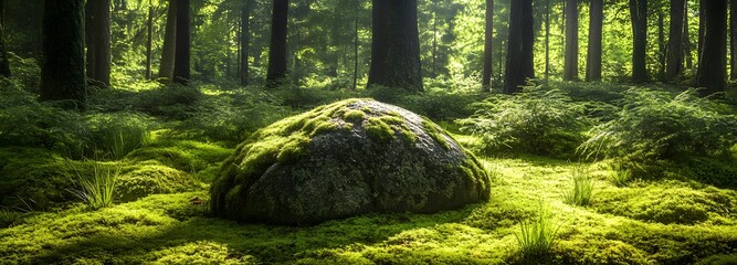 5. A picturesque forest setting with a mossy stone at its center, surrounded by vibrant greenery and gentle shadows, ideal for a wide banner display design with ample space for product promotion