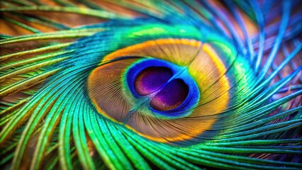 Obraz premium Close-up of vibrant peacock feather with selective focus, peacock, feather, close-up, colorful, vibrant, details, texture