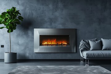 Wall-mounted electric fireplace with flames and silver metal frame, featuring a glass panel and blue background, creating a warm atmosphere in an empty room with a grey sofa and green plant.