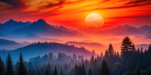 Obraz premium Vibrant of mountains, trees, and red sun in the background, mountains, trees, nature, landscape, colorful, vibrant