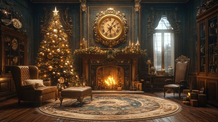 Obraz premium Elegant vintage room decorated for Christmas with a large tree, a glowing fireplace, and an ornate antique clock above the mantel.