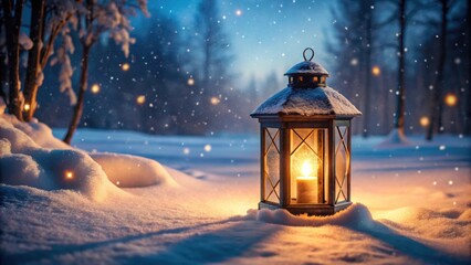 Glowing lantern on a snowy square at night, winter, street light, glow, snowy, square, evening, nighttime, illuminated, city