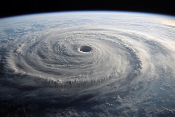 An ultra-realistic view of Earth from space, showcasing a massive swirling hurricane over the ocean