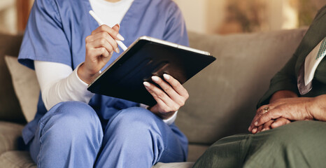 Healthcare, hands and tablet with nurse and old person for results, occupational therapy and...