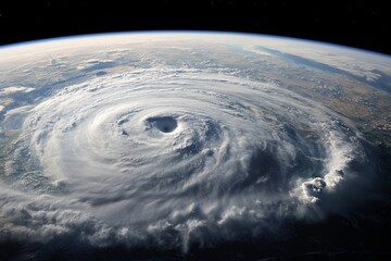 An ultra-realistic view of Earth from space, showcasing a massive swirling hurricane over the ocean