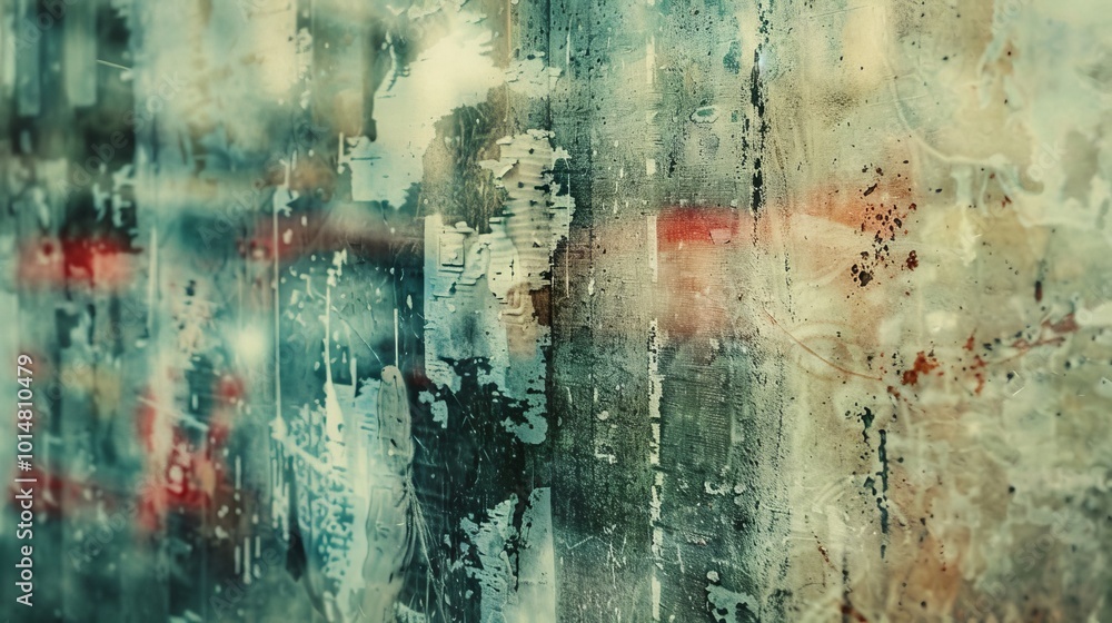 Poster close-up of a weathered surface with peeling paint and scratches, creating an abstract grunge textur