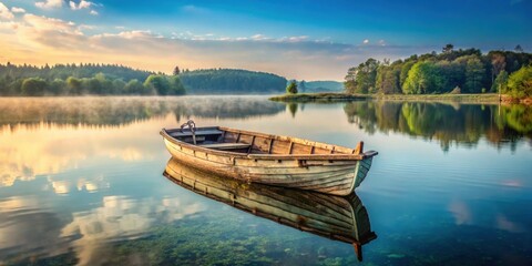 Fototapeta premium Abandoned boat parked in serene lake, abandoned, boat, lake, water, reflection, peaceful, tranquil, solitude, wooden, old, weathered