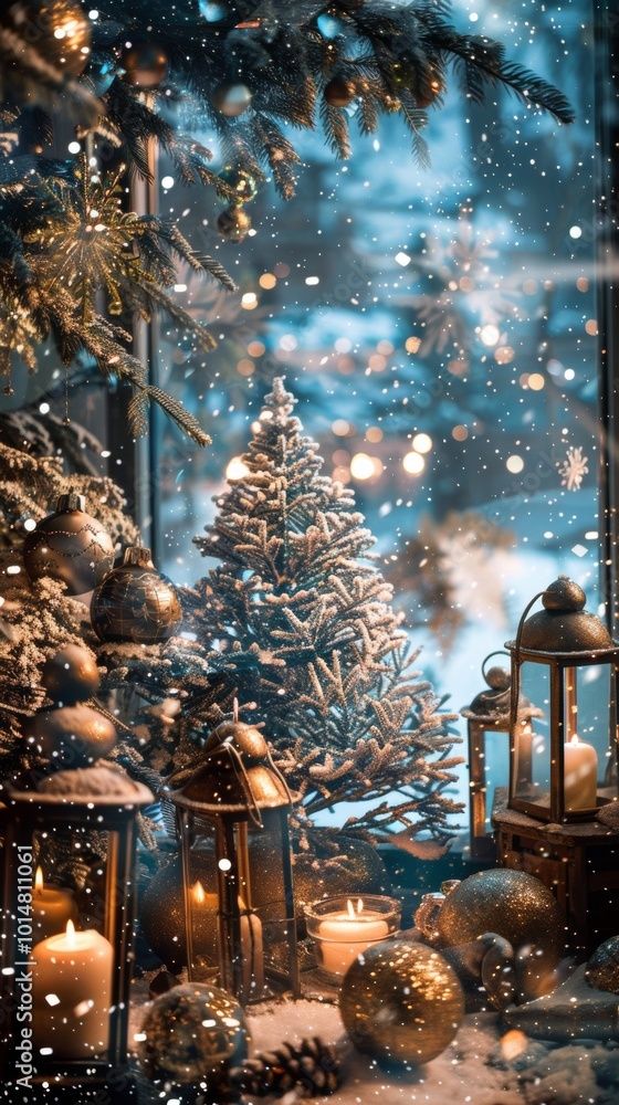 Poster holiday setup with props blended with an elegant snowfall scene through double exposure.