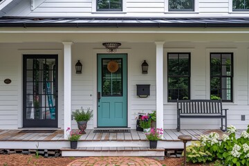 Obraz premium Charming white farmhouse with a front porch featuring black windows and a teal door, illuminated by morning light, surrounded by a garden with spring flowers.