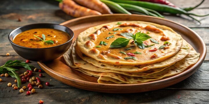 Flaky Kerala paratha served with spicy Asian curry gravy , Kerala, paratha, porotta, roti, parotta, barotta, naan