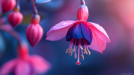 A close-up of a purple fuchsia bloom a soft, blurred background