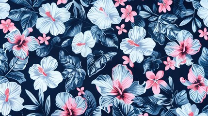 A blue and white floral pattern on the fabric of shorts, a tropical flower print in navy with pink accents