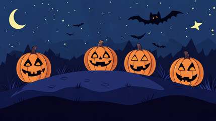 Four glowing Jack-O-Lanterns sit in a creepy landscape under a full moon, with bats flying in the night sky. Halloween, spooky design, horror themes, and seasonal decorations.