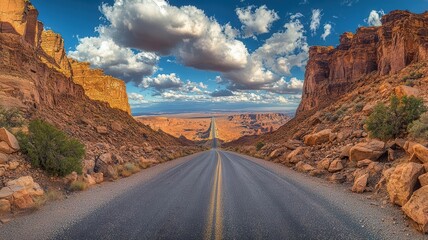 A wideangle view of a highway stretching into the distance through a rocky desert