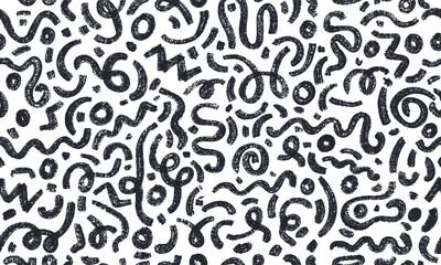 Brush curly wavy lines seamless pattern. Hand drawn pencil squiggles ornament. Scribble brush strokes background. Design marker scribbles, curved line. Vector black pencil sketch. Squiggles and daubs