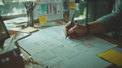 Focused on a desk filled with notes and sketches, a person writes on an organized paper, illustrating a creative planning process.