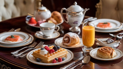 A rich and colorful breakfast featuring waffles with berries, croissant with smoked salmon, yogurt with fresh fruit, orange juice, and cappuccino, served on a table illuminated by natural light.