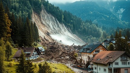 An enormous landslide crashing down a steep mountainside, trees uprooted and debris hurtling down, with nearby buildings barely holding on as the earth gives way