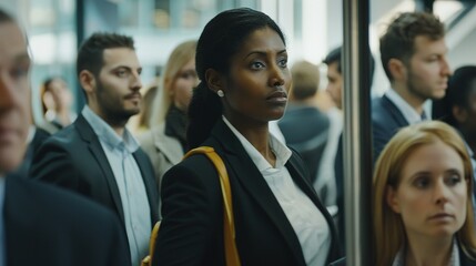 Fototapeta premium A close-up of a diverse group of professionals in business attire, standing in a modern office lobby, symbolizing the dynamic nature of the labor market. The focus is on their confident expressions an