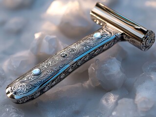 Damascus steel open razor with intricate grain patterns floating against a soothing white background with pixelated textures and light pastel hues