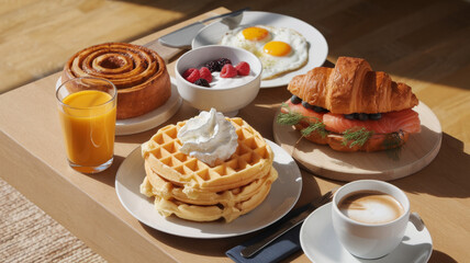 A rich and colorful breakfast featuring waffles with berries, croissant with smoked salmon, yogurt with fresh fruit, orange juice, and cappuccino, served on a table illuminated by natural light.