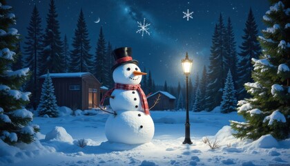 Obraz premium Cheerful illustration of a snowman against the background of a snowy night 