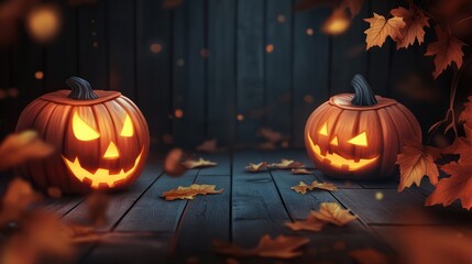 Obraz premium Halloween background.pumpkins and fallen leaves on wooden background. Scary halloween pumpkin