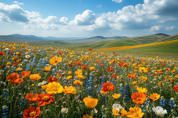 Fototapeta premium A surreal landscape, with hills covered in wildflowers, a blue sky with white clouds, and a green grassy valley in golden hues.