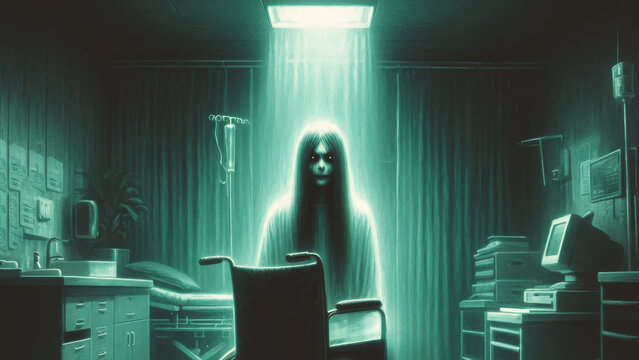 Hospital with ghostly apparitions. in creepy night.Horror halloween  background.