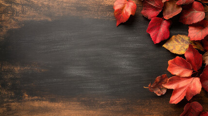 Obraz premium Thanksgiving Greeting Card with Chalkboard Design, Red Autumn Leaves, Rustic Wood Background, Warm Seasonal Wishes