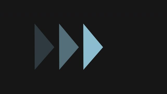 Play, Arrows, loading on black backdrop. Pointing, movement and indicating to right. Blue, colour and objects for finance, highlights and showing