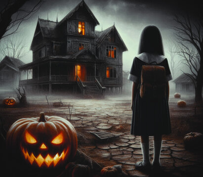 Girl Inside view of haunted house   in creepy night forest. /Horror halloween  background.